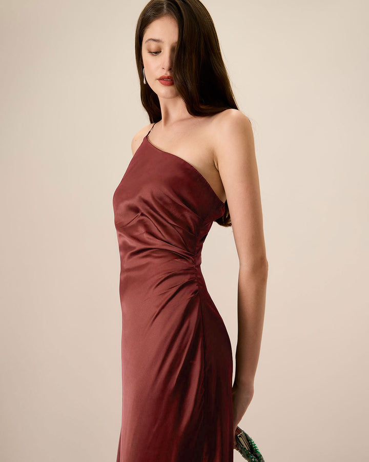 Morgan and Brooke | One-Shoulder Satin Maxi Dress for Women in Red