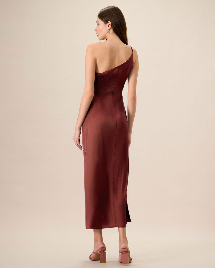 Morgan and Brooke | One-Shoulder Satin Maxi Dress for Women in Red