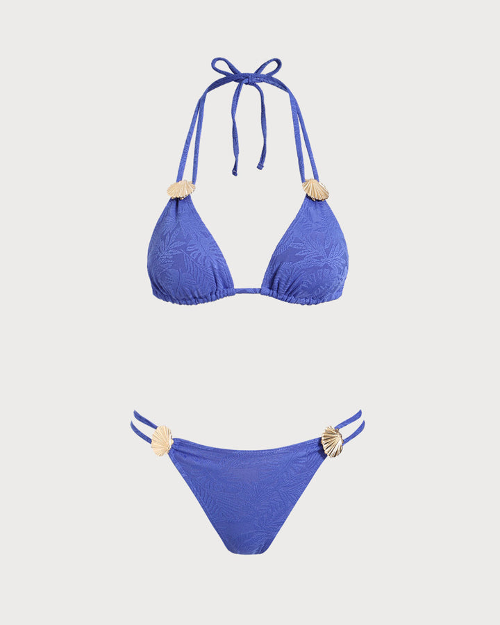 Morgan and Brooke | Textured Halter Triangle Bikini Set for Women in Blue