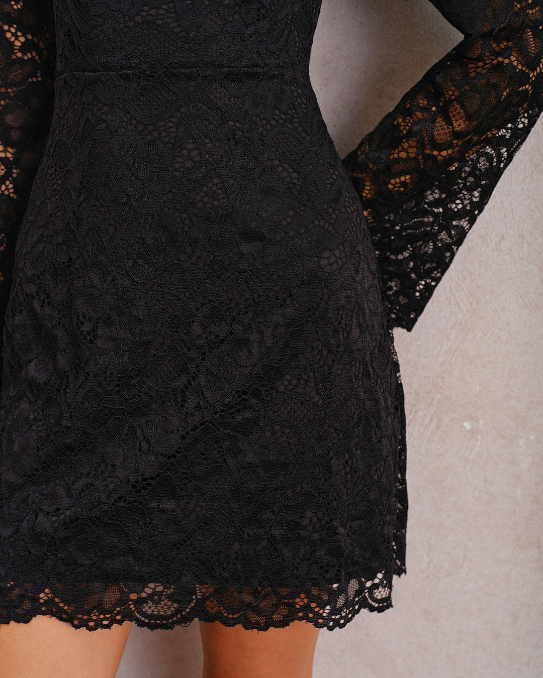 Morgan and Brooke | Lace Bell Sleeve A-Line Mini Dress in Black