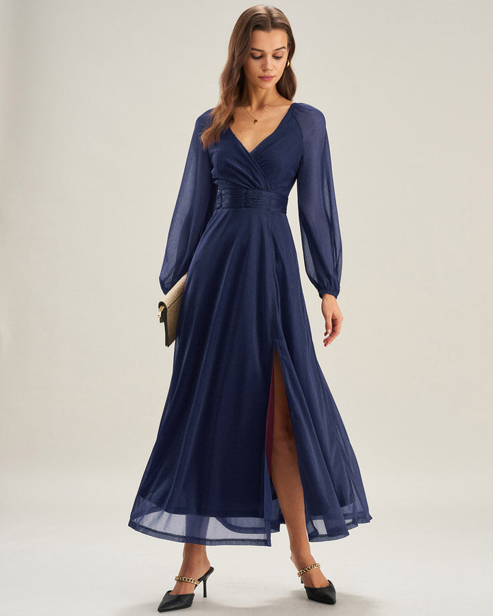 Morgan and Brooke | V Neck A-Line Maxi Dress for Women in Blue