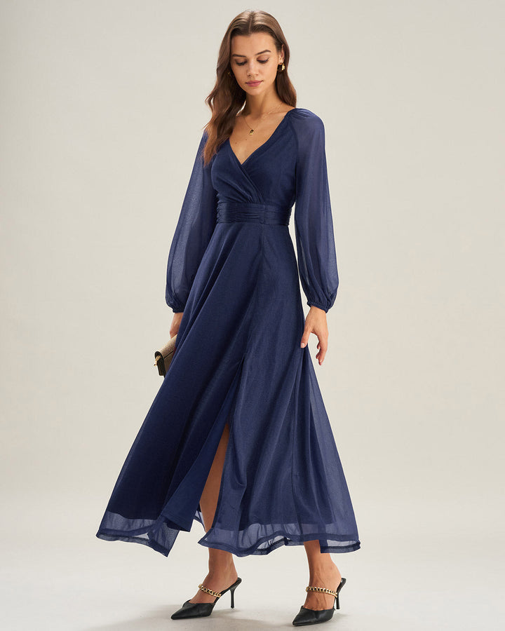 Morgan and Brooke | V Neck A-Line Maxi Dress for Women in Blue