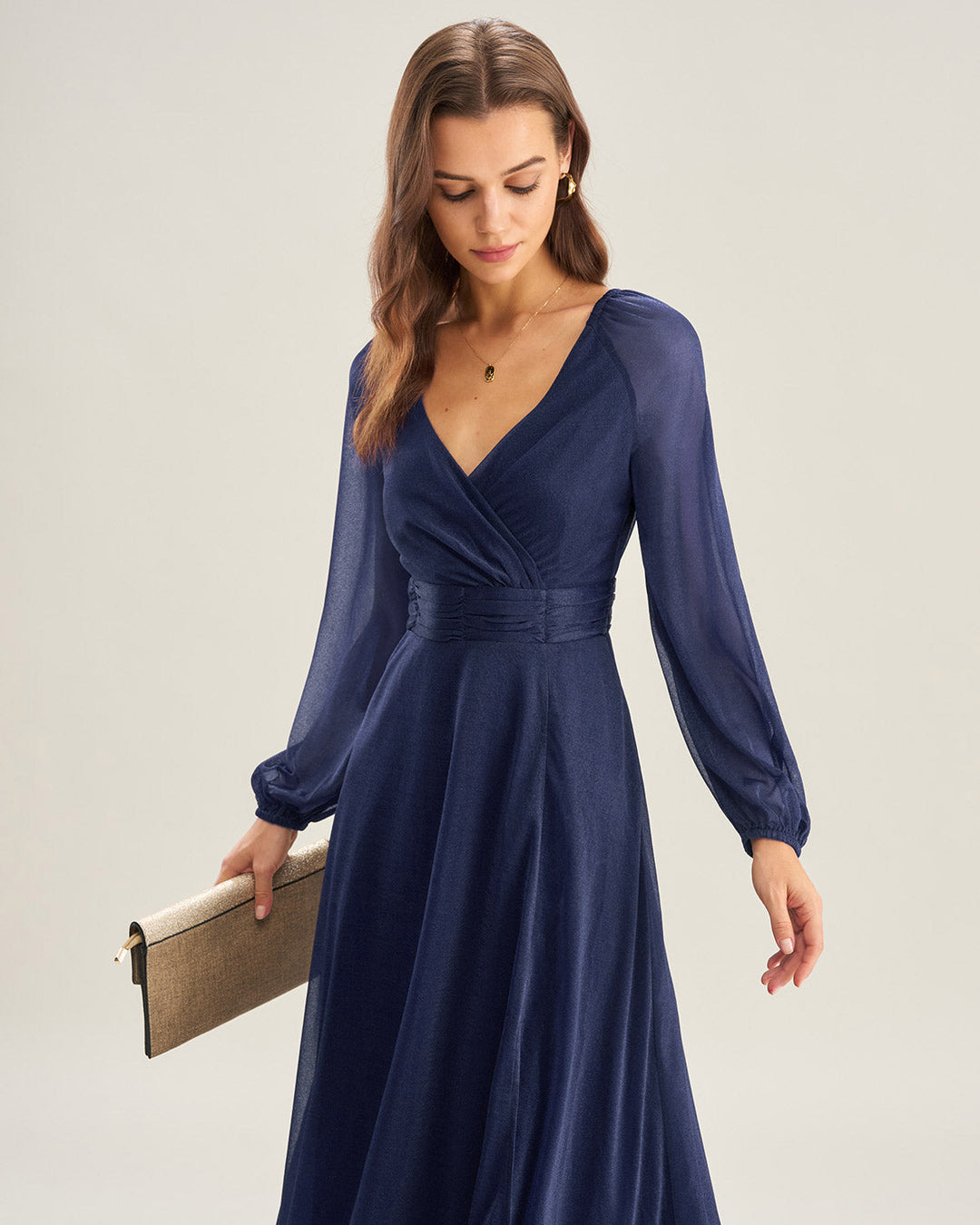 Morgan and Brooke | V Neck A-Line Maxi Dress for Women in Blue