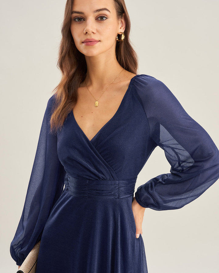 Morgan and Brooke | V Neck A-Line Maxi Dress for Women in Blue