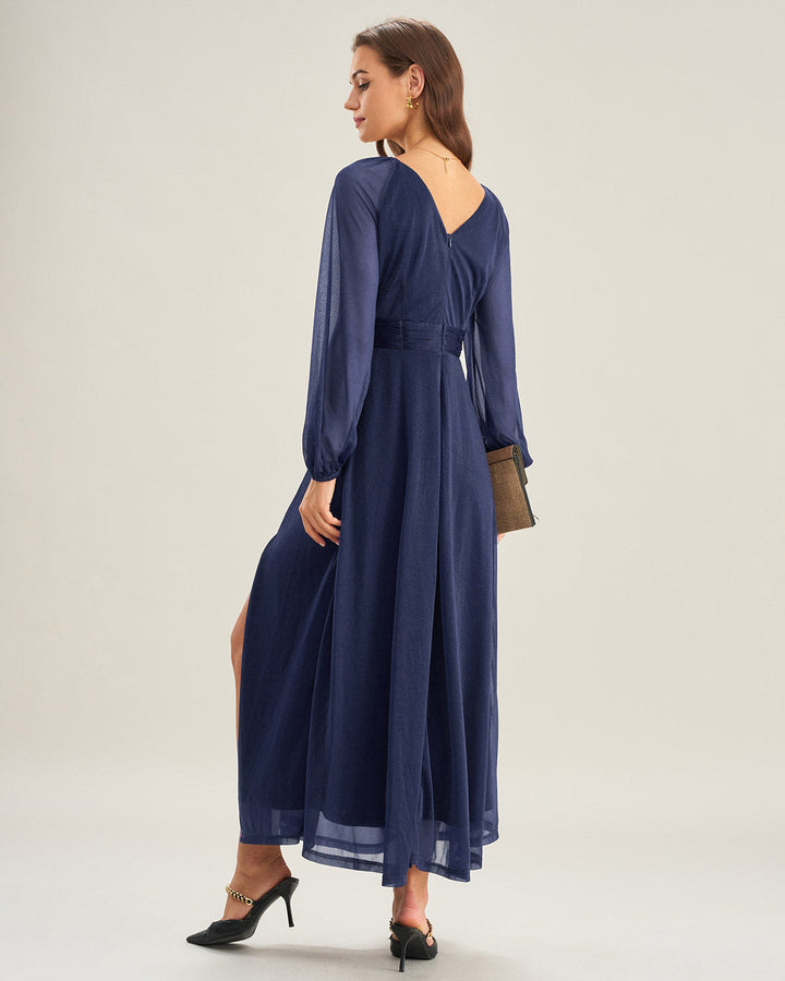 Morgan and Brooke | V Neck A-Line Maxi Dress for Women in Blue