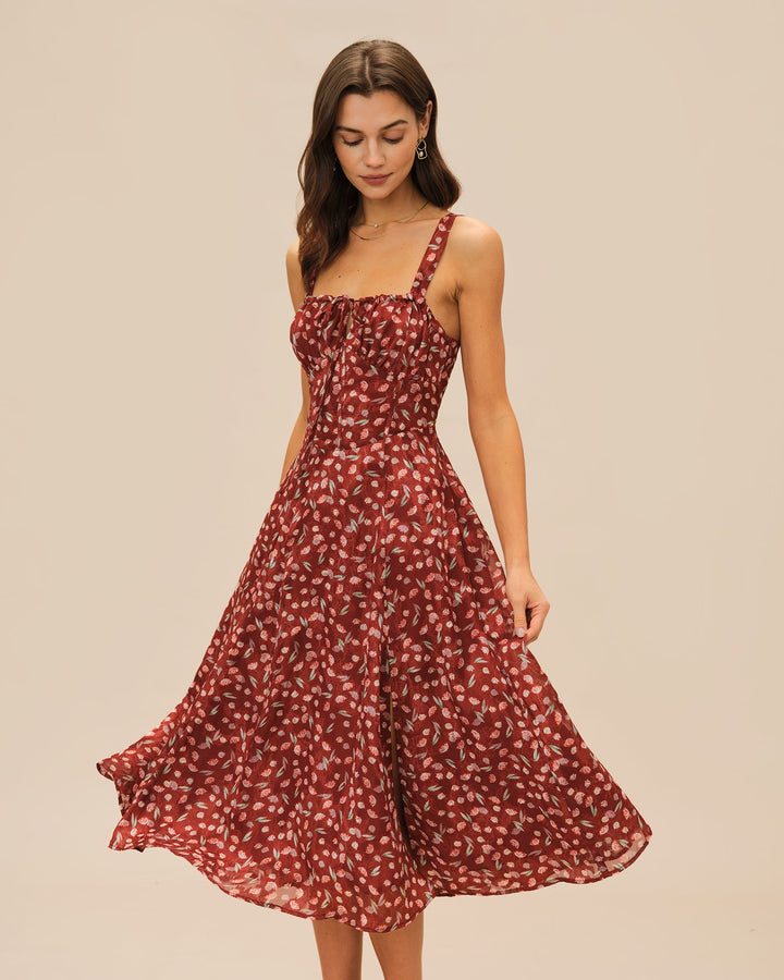 Morgan and Brooke | Floral Slip Midi Dress for Women in Wine Red