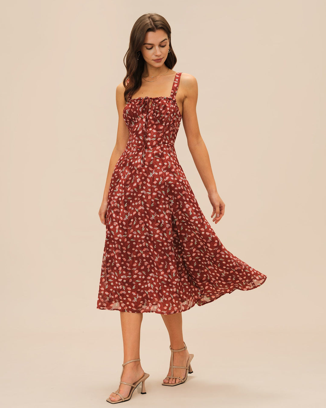Morgan and Brooke | Floral Slip Midi Dress for Women in Wine Red