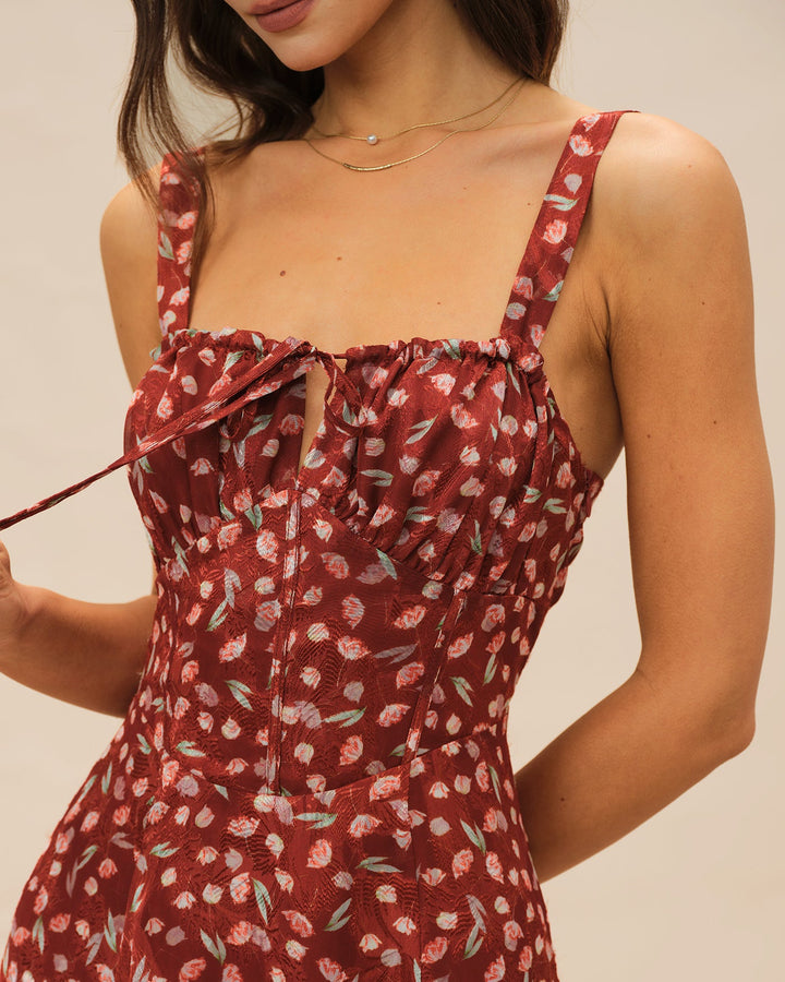 Morgan and Brooke | Floral Slip Midi Dress for Women in Wine Red