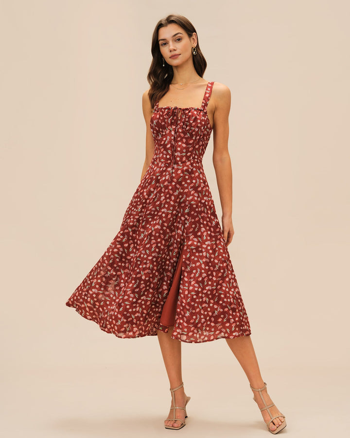 Morgan and Brooke | Floral Slip Midi Dress for Women in Wine Red