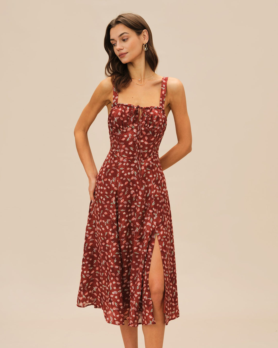 Morgan and Brooke | Floral Slip Midi Dress for Women in Wine Red