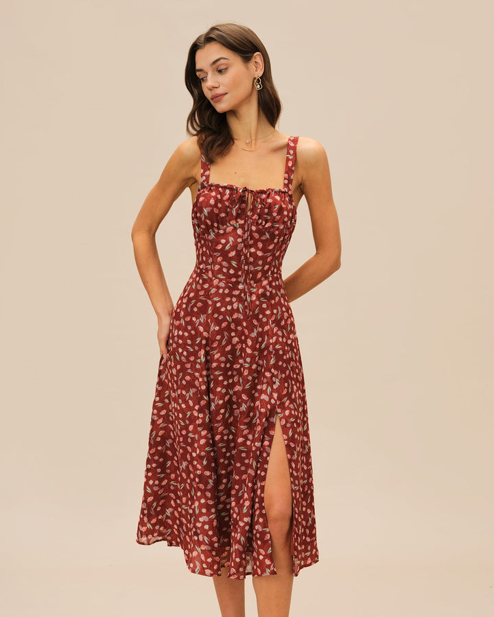 Morgan and Brooke | Floral Slip Midi Dress for Women in Wine Red