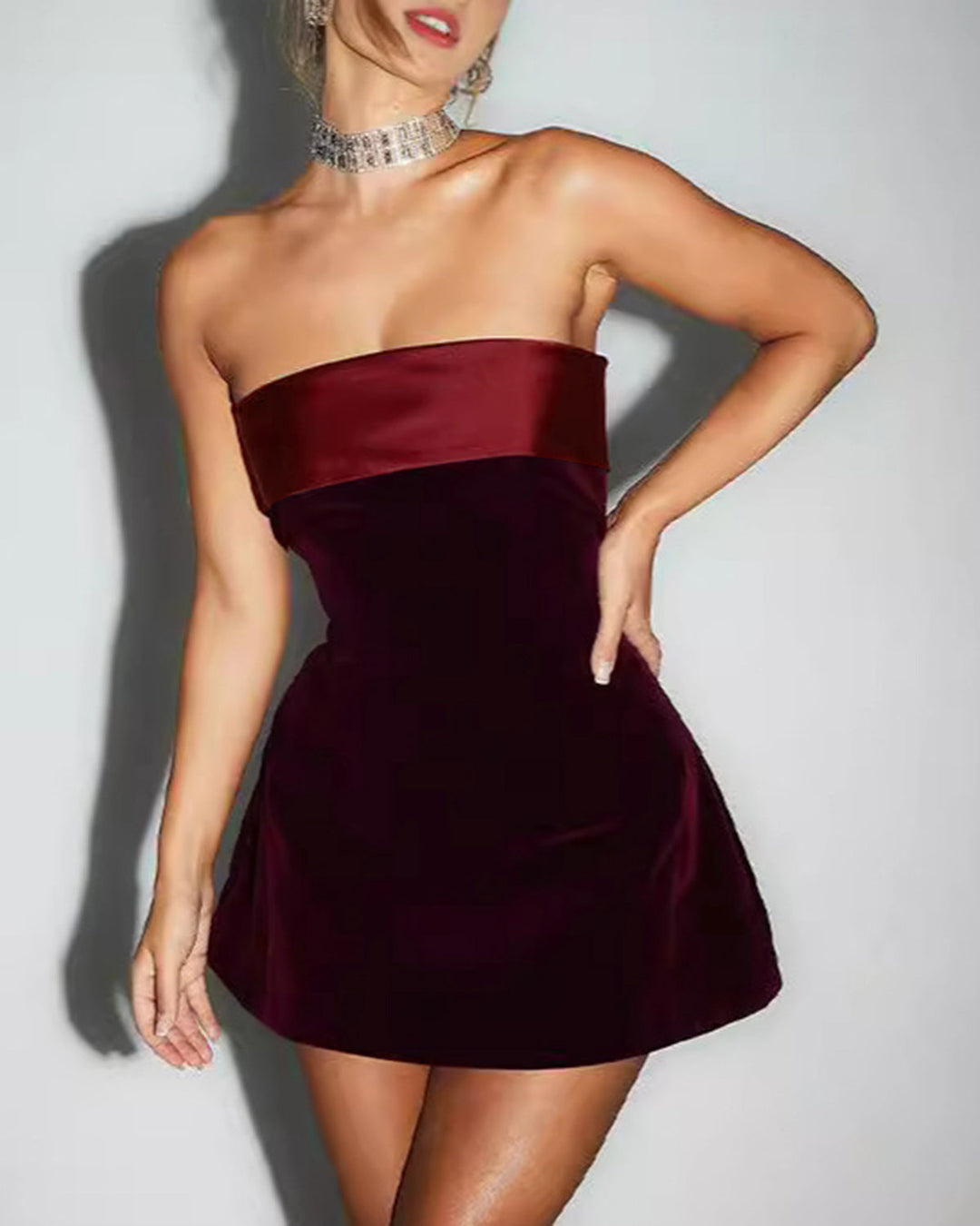 Morgan and Brooke | Strapless A-Line Mini Dress in Wine Red