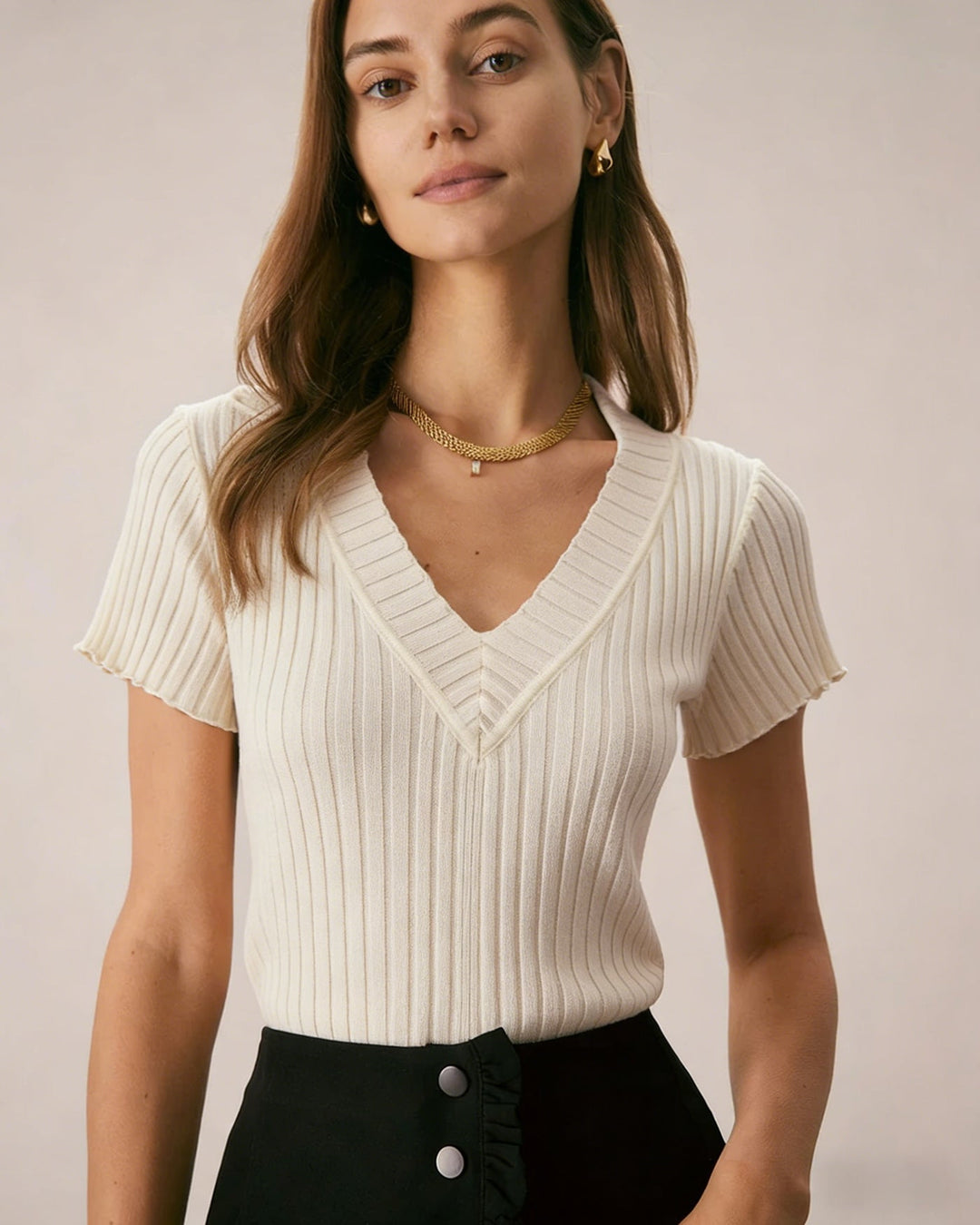 Morgan and Brooke | Textured V Neck Tee for Women in Apricot
