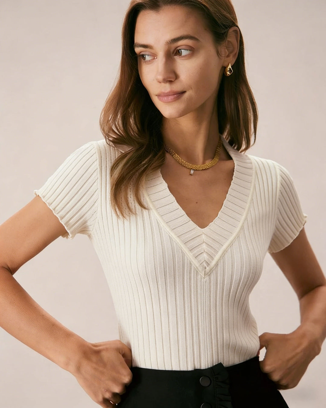 Morgan and Brooke | Textured V Neck Tee for Women in Apricot