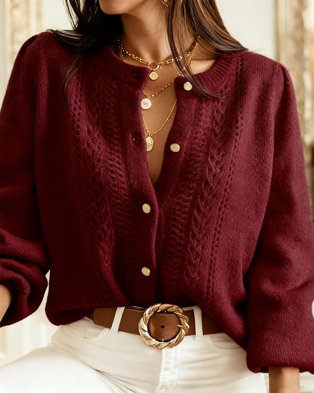 Morgan and Brooke | Wine Red Round Neck Knit Cardigan