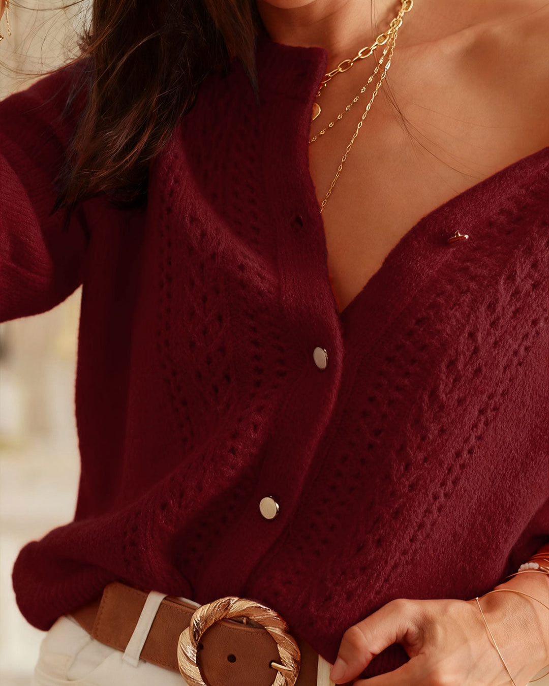 Morgan and Brooke | Wine Red Round Neck Knit Cardigan