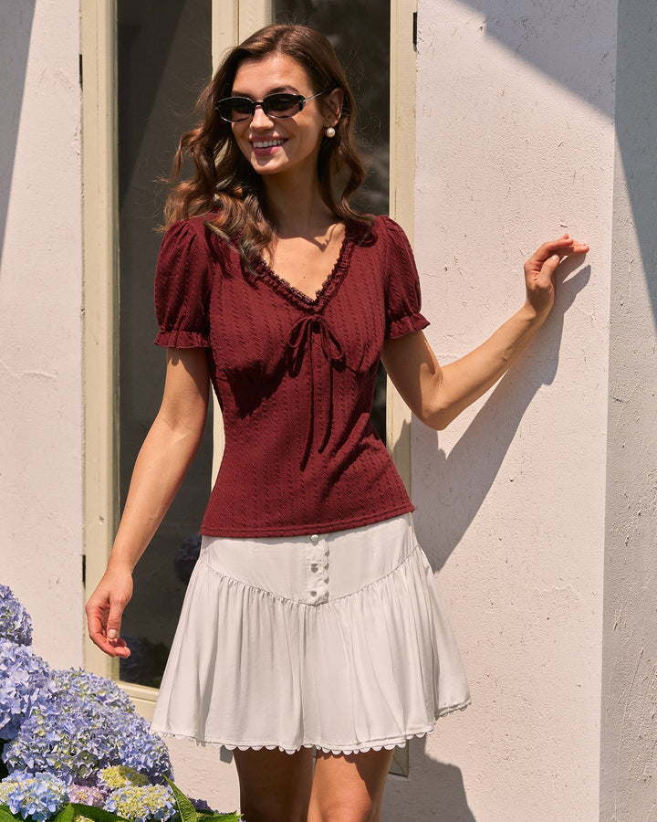 Morgan and Brooke | V Neck Textured Tee for Women in Wine Red