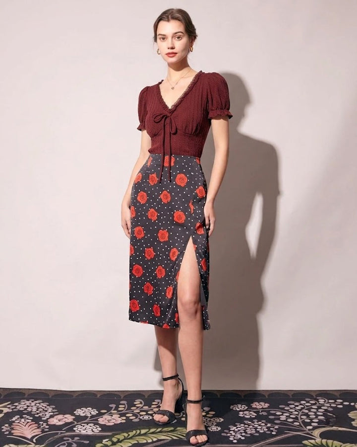 Morgan and Brooke | V Neck Textured Tee for Women in Wine Red