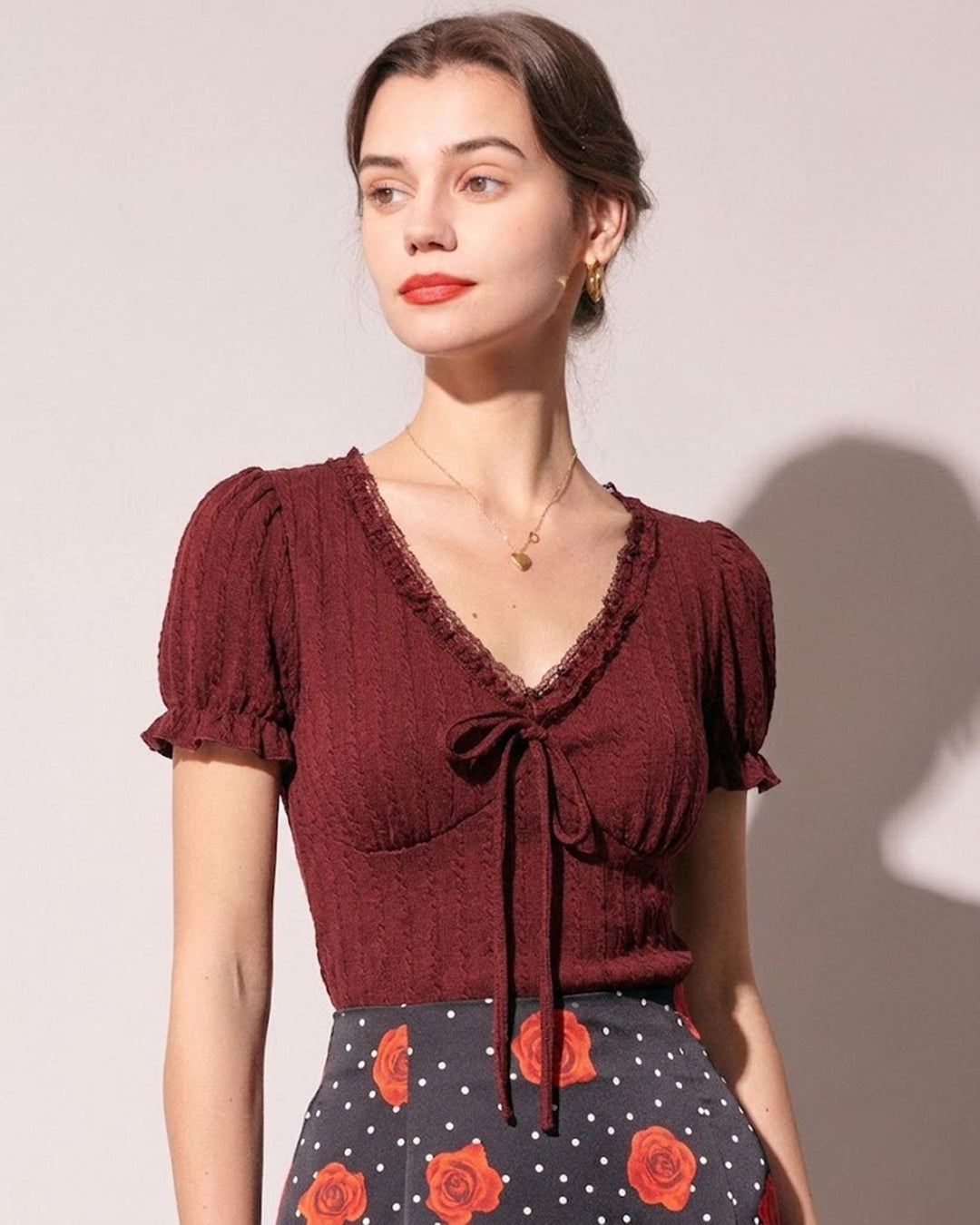 Morgan and Brooke | V Neck Textured Tee for Women in Wine Red