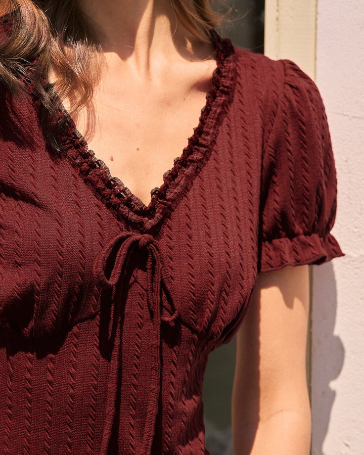 Morgan and Brooke | V Neck Textured Tee for Women in Wine Red