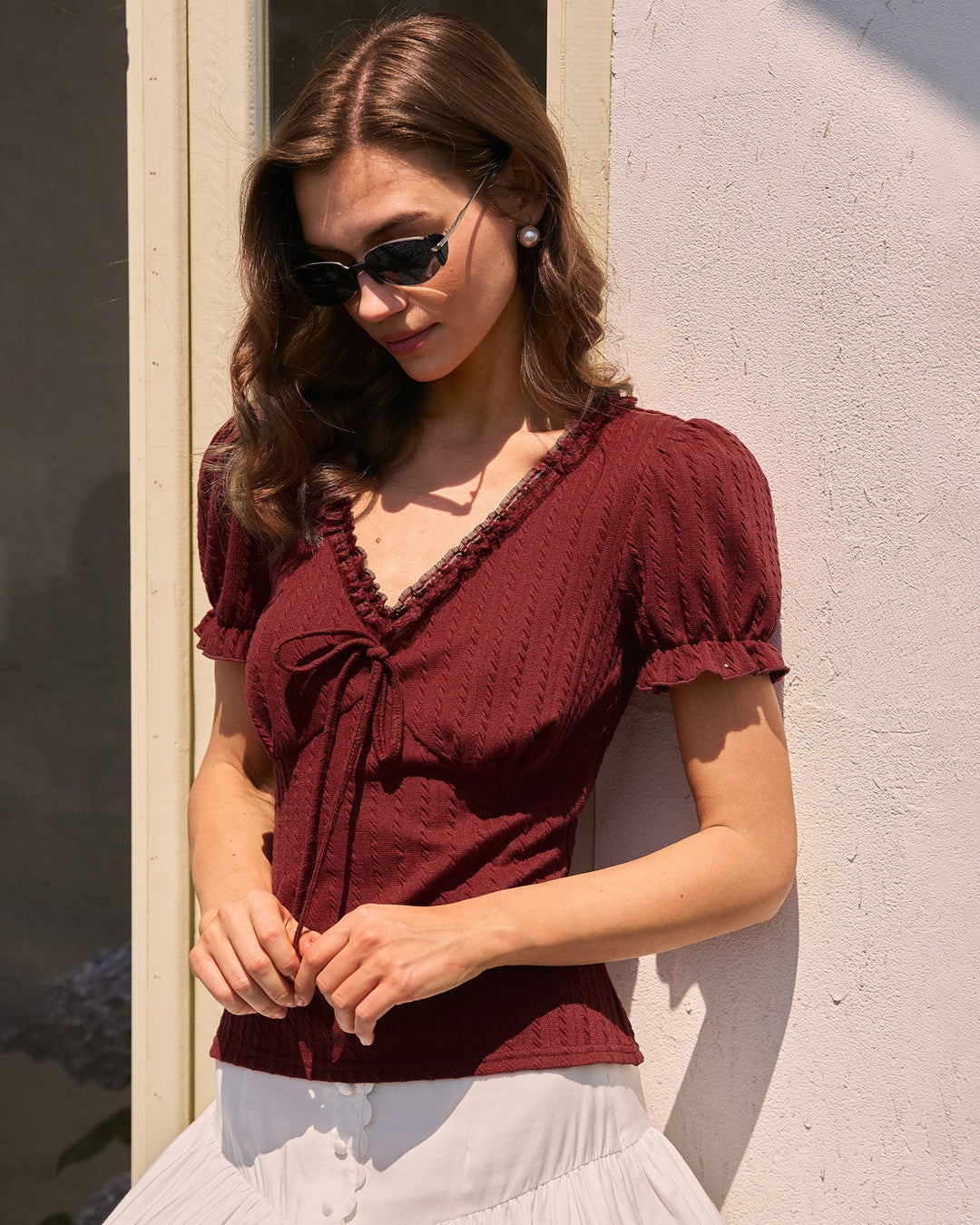 Morgan and Brooke | V Neck Textured Tee for Women in Wine Red