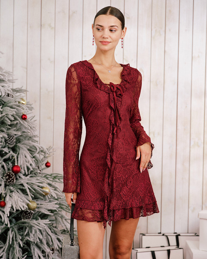 Morgan and Brooke | Floral Ruffle Mini Dress for Women in Red