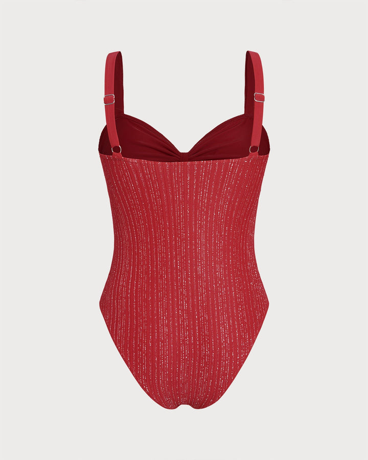 Morgan and Brooke | V Neck Bralette One Piece Swimwear, Red