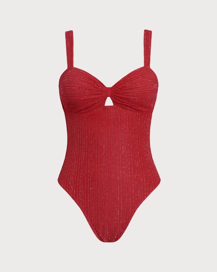 Morgan and Brooke | V Neck Bralette One Piece Swimwear, Red