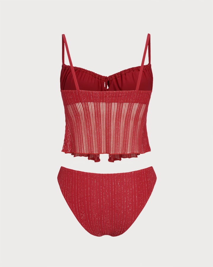 Morgan and Brooke | Square Neck Sequins Tankini Set for Women in Red