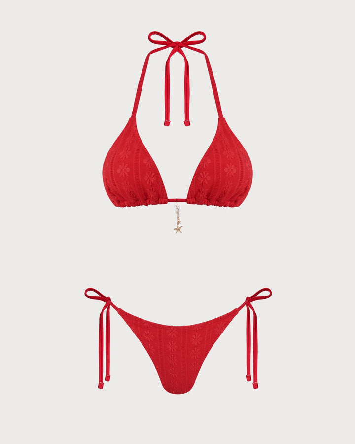 Morgan and Brooke | Jacquard Halter Drawstring Bikini Set, Red