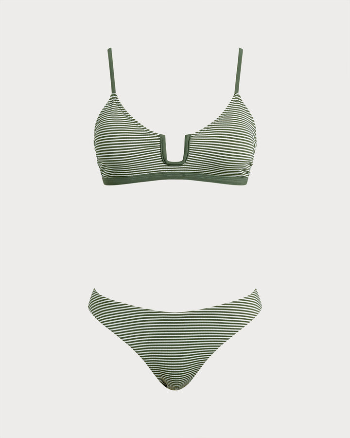 Morgan and Brooke | Striped Bralette Bikini Set for Women in Army Green