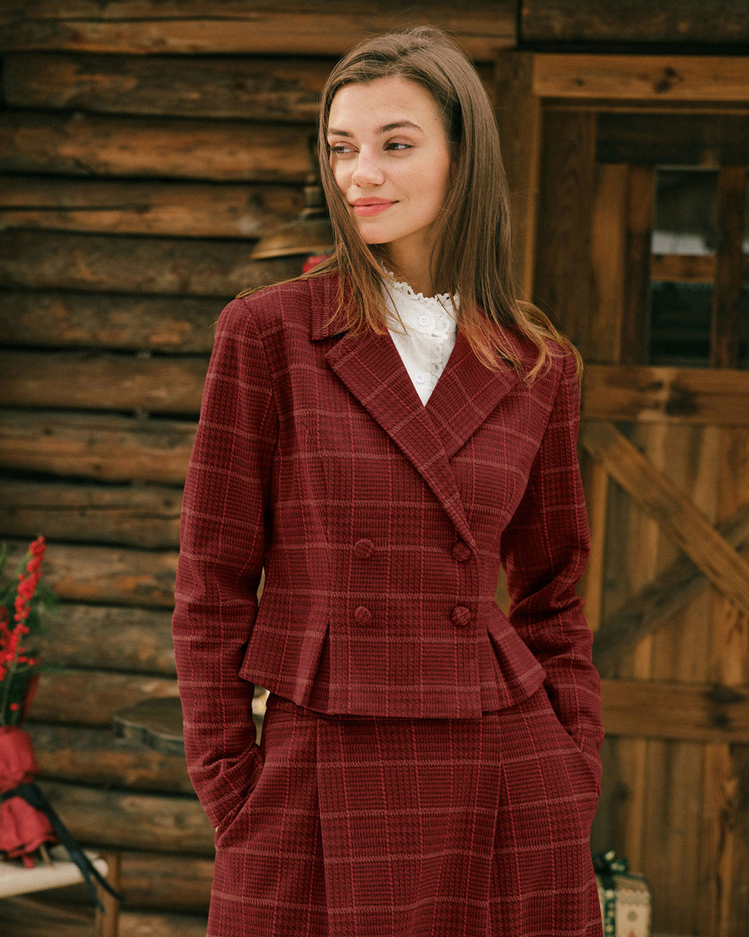 Morgan and Brooke | Double Breasted Jacket for Women in Red Plaid