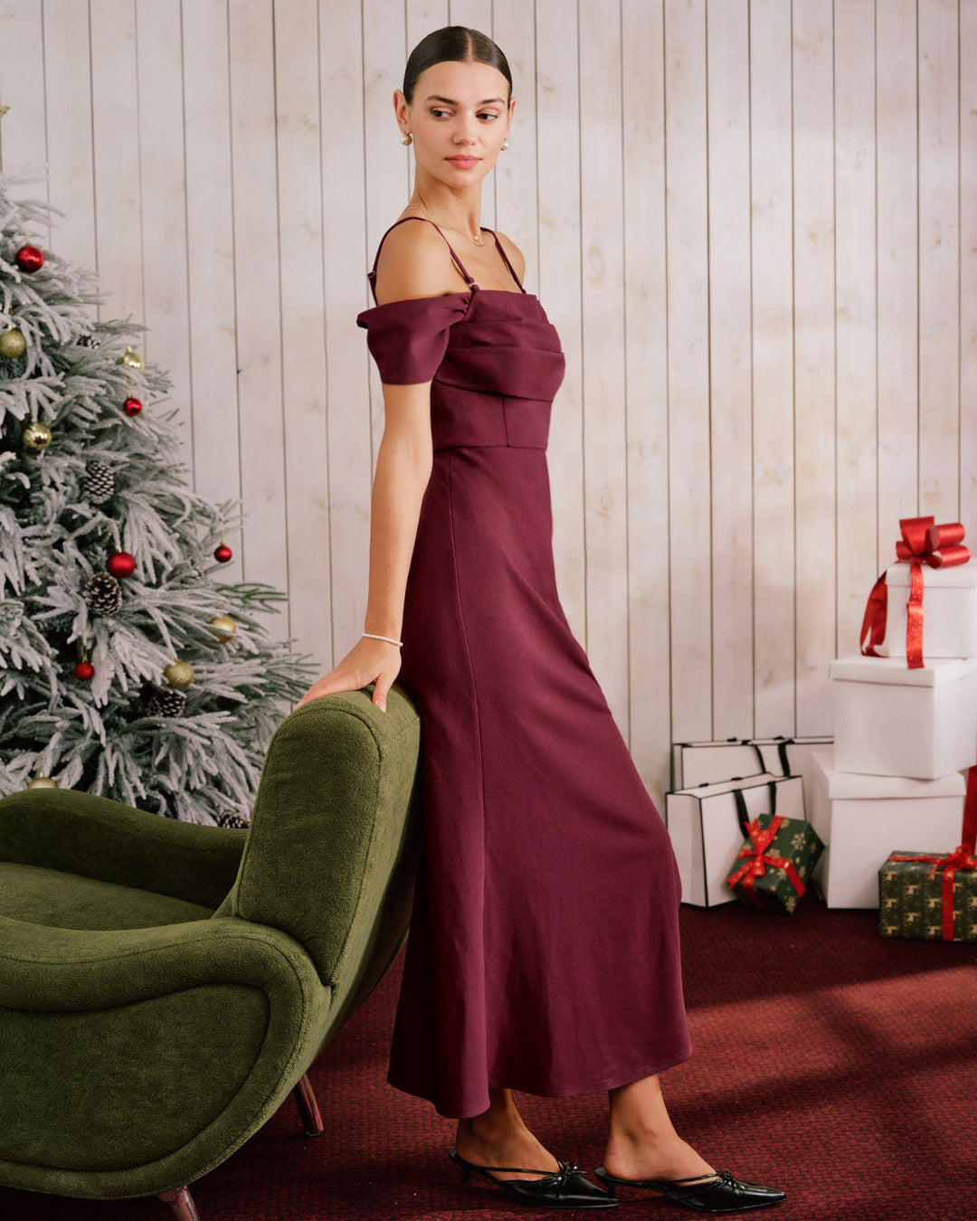 Morgan and Brooke | Off The Shoulder Maxi Dress, Wine Red
