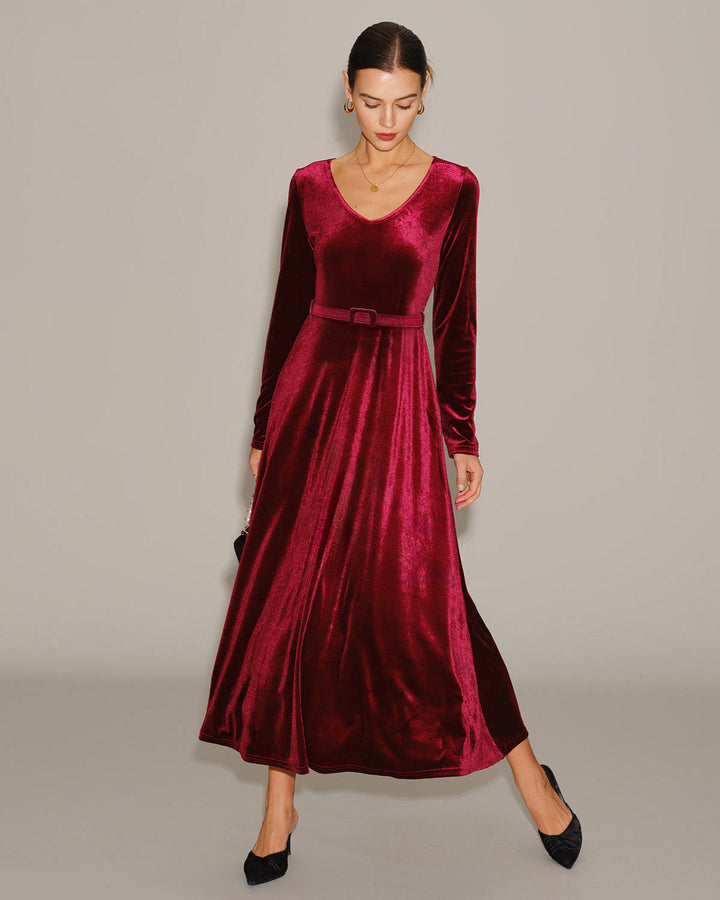 Morgan and Brooke | Velour V Neck Maxi Dress for Women in Wine Red