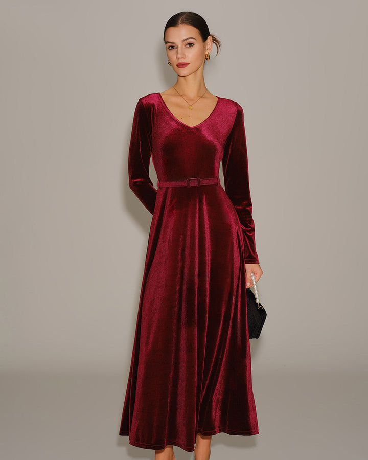 Morgan and Brooke | Velour V Neck Maxi Dress for Women in Wine Red