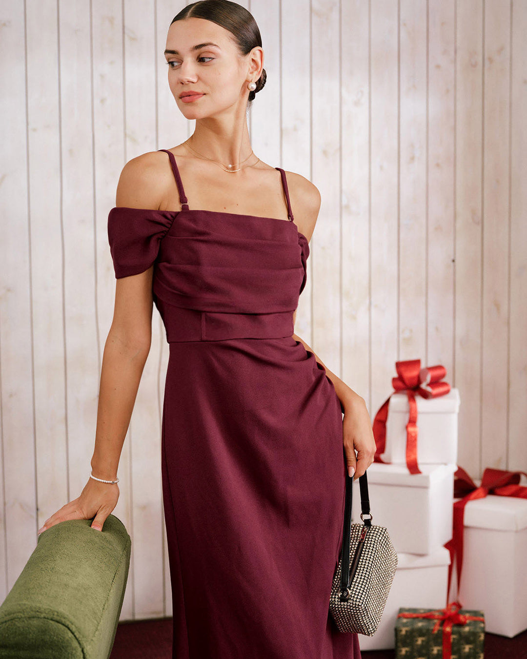 Morgan and Brooke | Off The Shoulder Maxi Dress, Wine Red