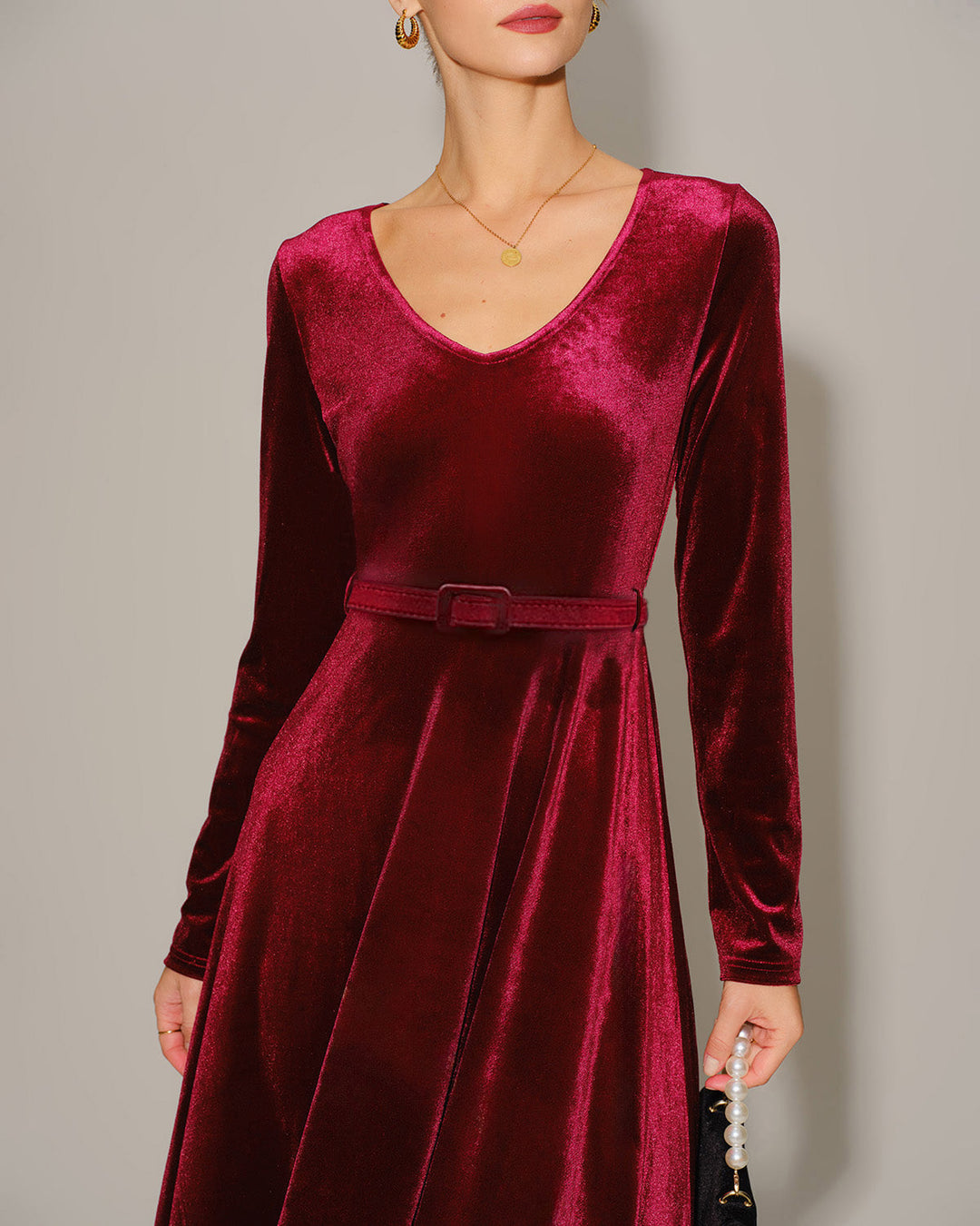 Morgan and Brooke | Velour V Neck Maxi Dress for Women in Wine Red