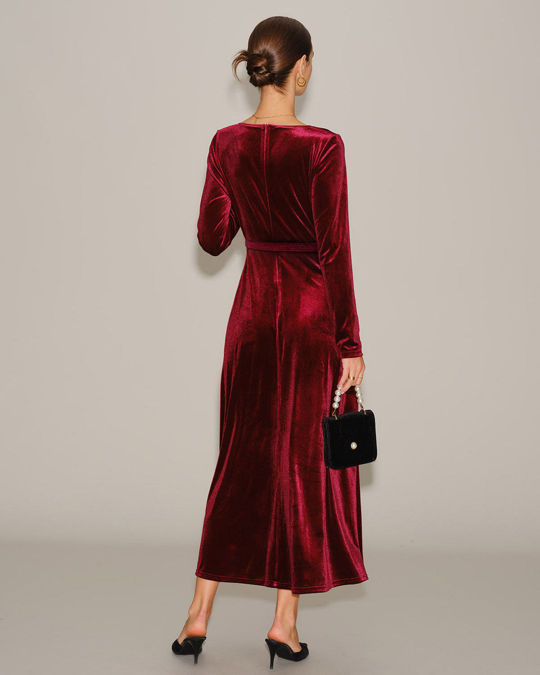 Morgan and Brooke | Velour V Neck Maxi Dress for Women in Wine Red