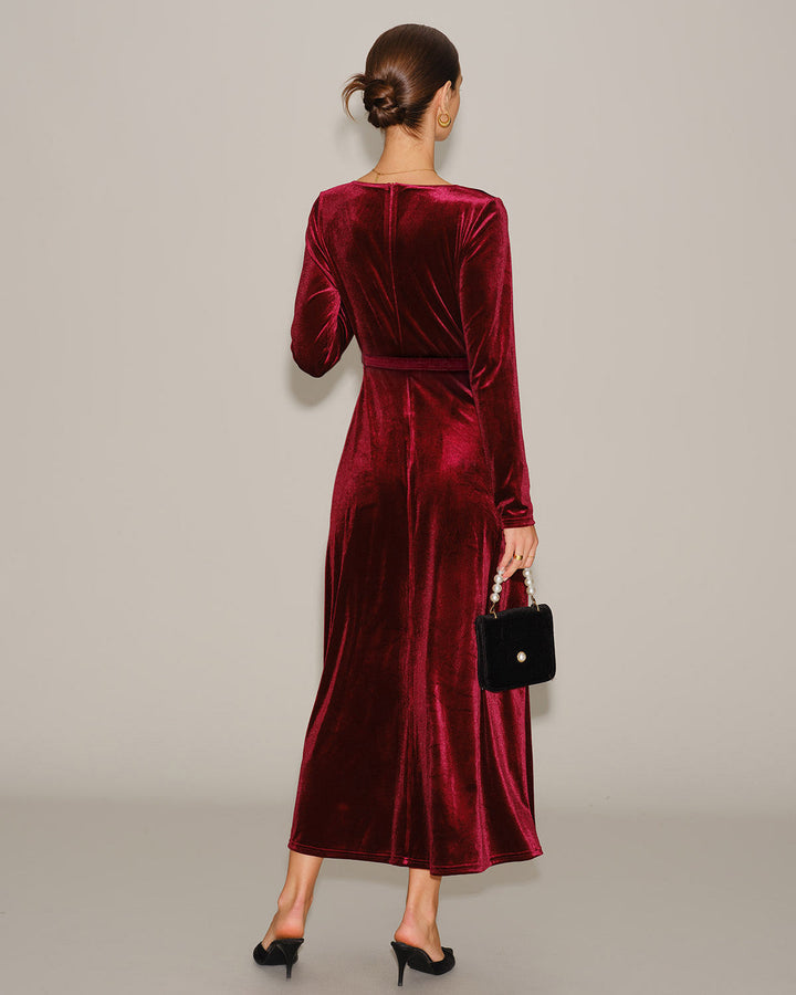 Morgan and Brooke | Velour V Neck Maxi Dress for Women in Wine Red
