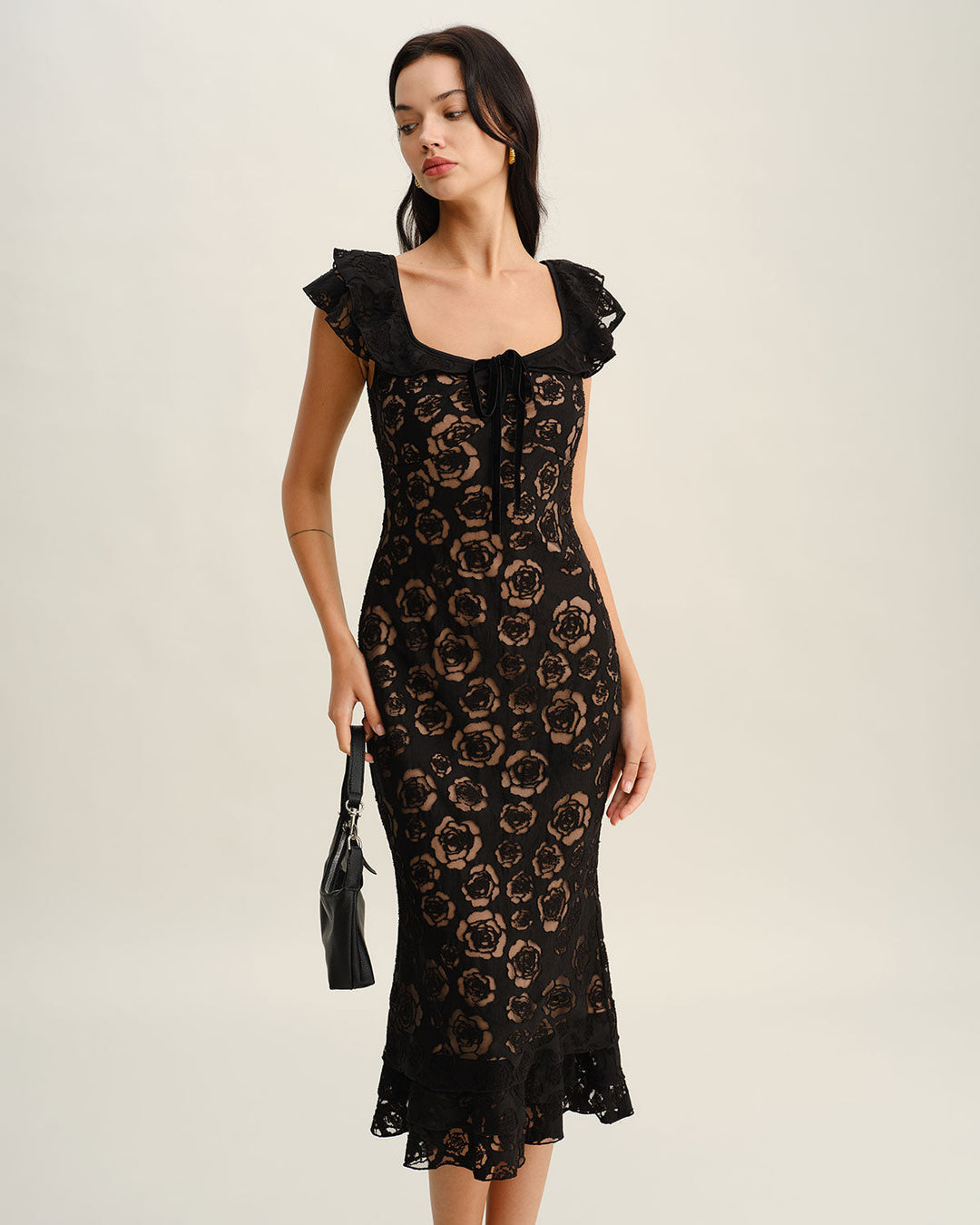 Morgan and Brooke | Textured Ruffle Mermaid Midi Dress, Black