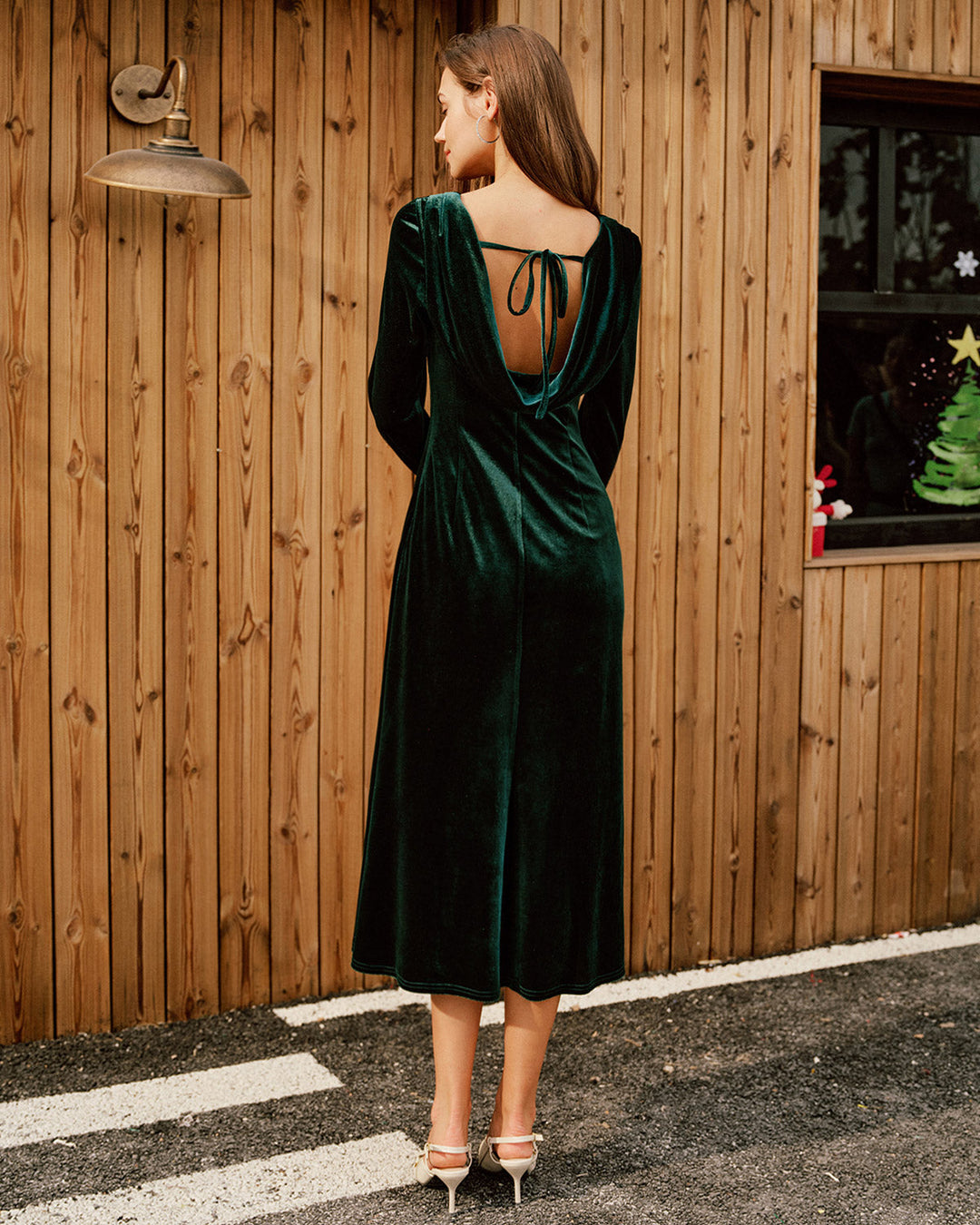 Morgan and Brooke | Velour Boat Neck Ruched Midi Dress in Green