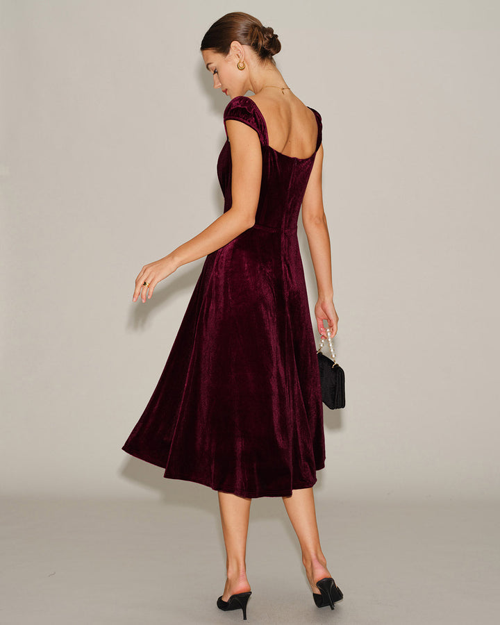 Morgan and Brooke | Velour Sweetheart Neck Midi Dress in Red