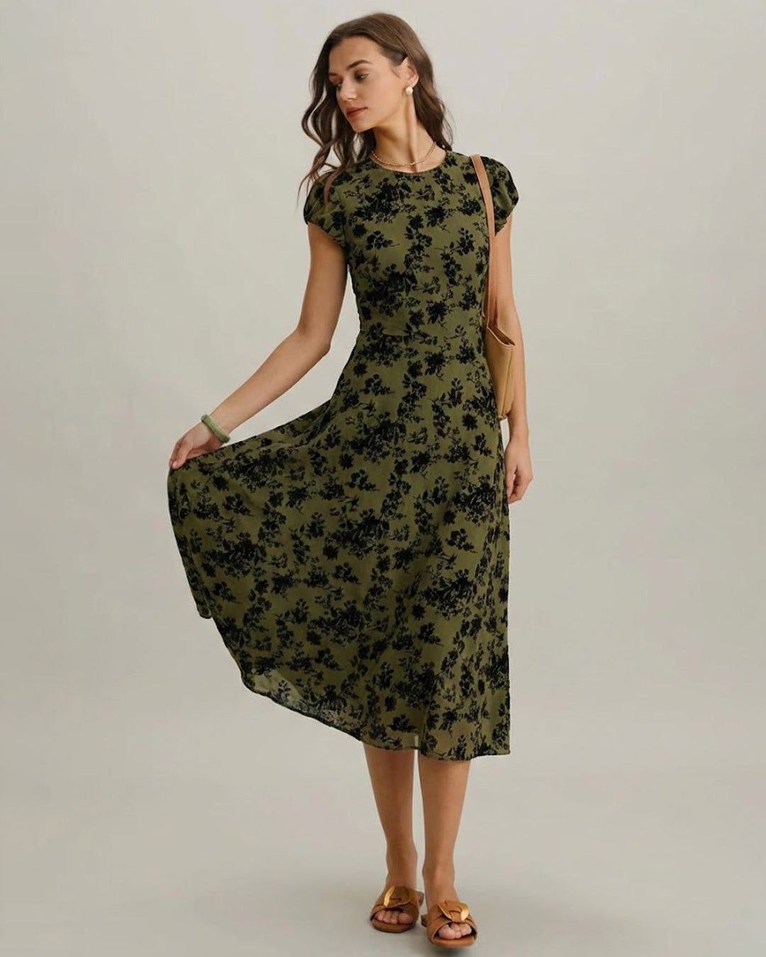 Morgan and Brooke | Floral A-Line Midi Dress for Women in Green