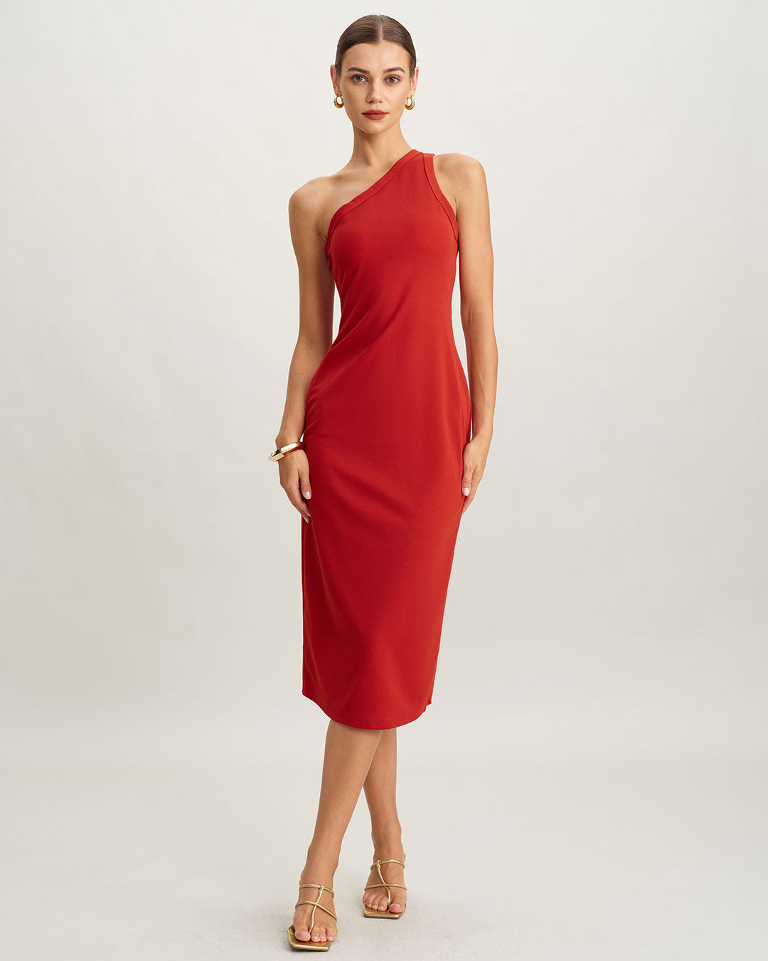 Morgan and Brooke | Knit One Shoulder Midi Dress in Red