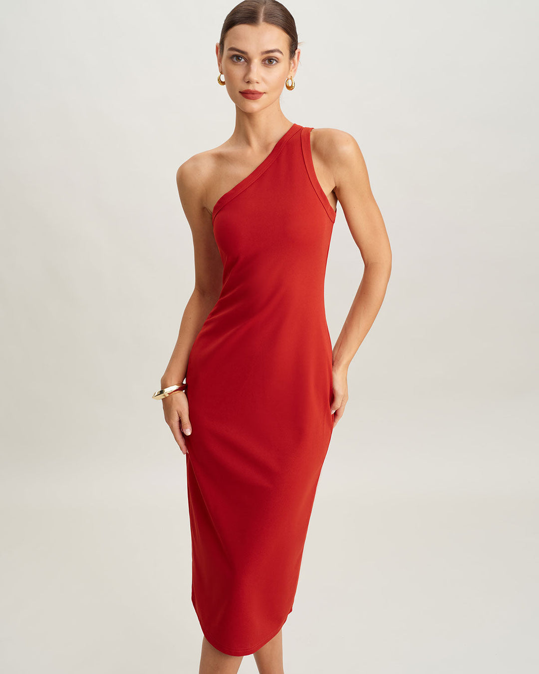 Morgan and Brooke | Knit One Shoulder Midi Dress in Red