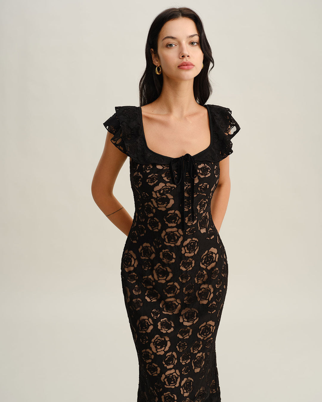 Morgan and Brooke | Textured Ruffle Mermaid Midi Dress, Black