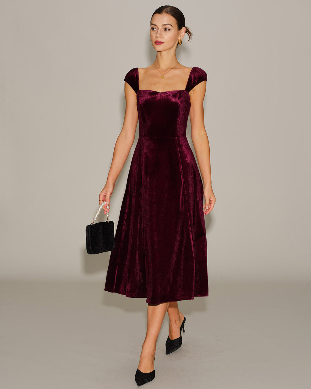 Morgan and Brooke | Velour Sweetheart Neck Midi Dress in Red