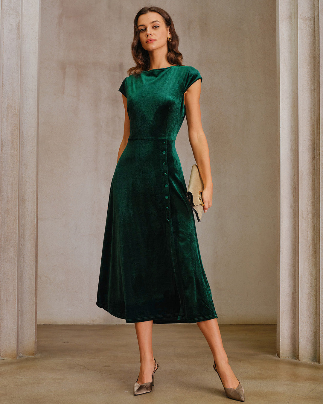 Morgan and Brooke | Velour A-Line Midi Dress for Women in Green