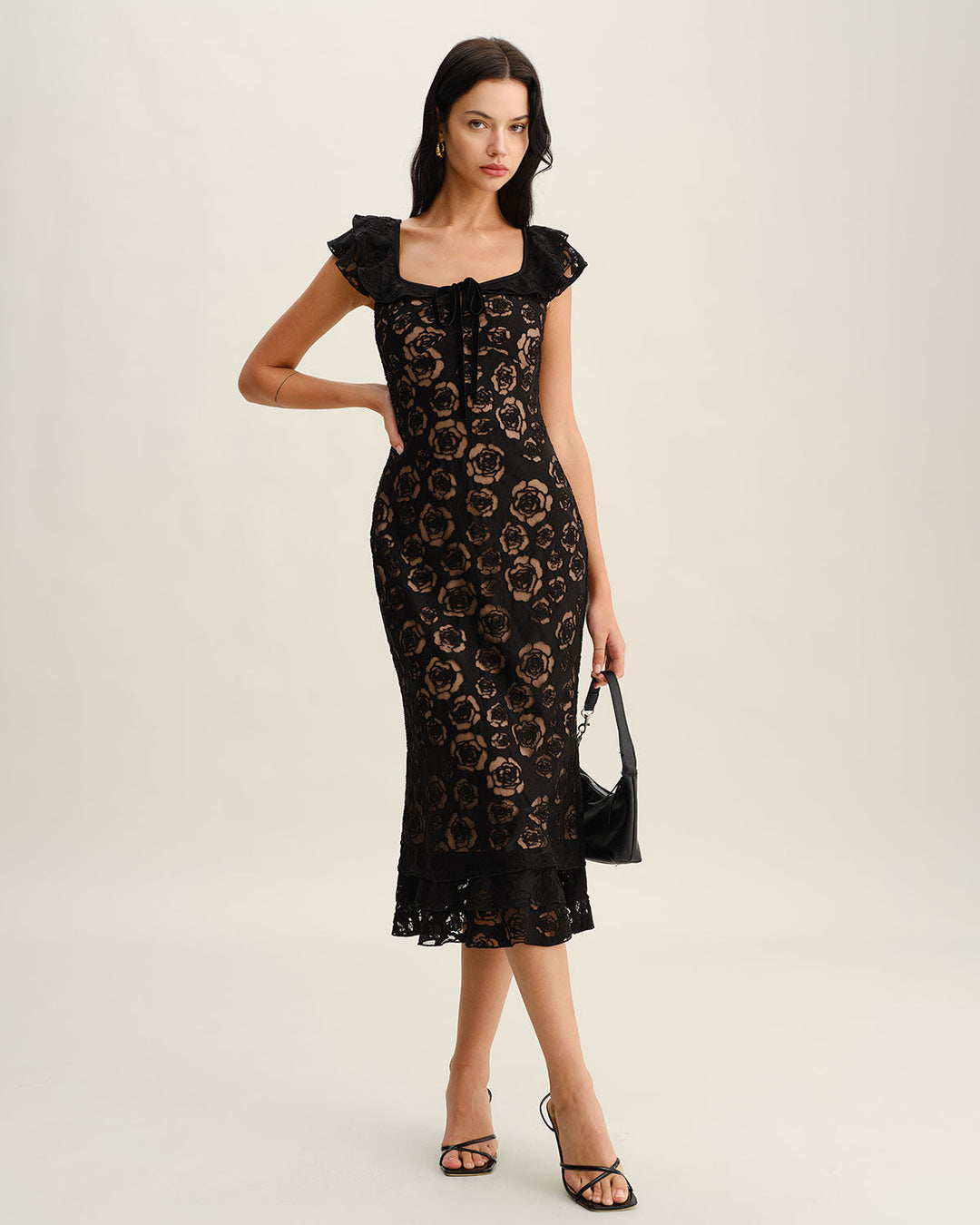 Morgan and Brooke | Textured Ruffle Mermaid Midi Dress, Black