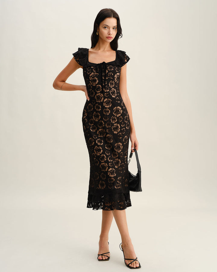 Morgan and Brooke | Textured Ruffle Mermaid Midi Dress, Black
